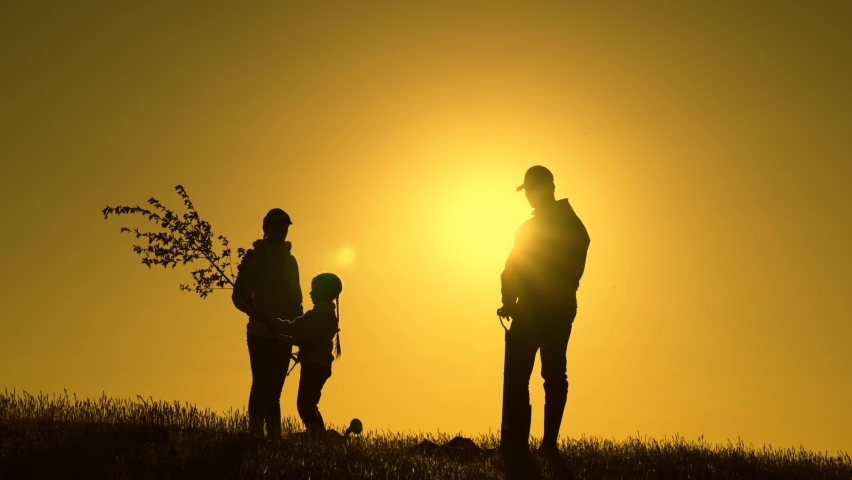 Farmer dad, mom child planting tree. Family with shovel and watering can plants young trees sprout in soil. Silhouette of family with tree at sunset. Happy family team planting tree in sun spring time | Shutterstock HD Video #1091654317