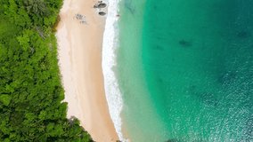 Aerial view video top view beautiful beach sea sand and coconut tree Location Phuket Thailand 