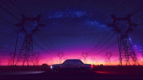 Cyberpunk retro car drive in neon city looping 3D animation video footage.