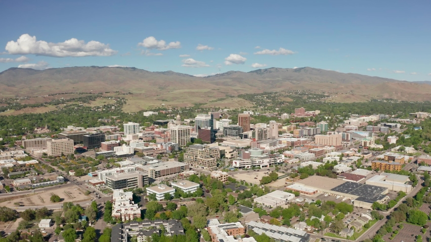 Wide establishing aerial shot of Boise, Idaho on a nice sunny day.