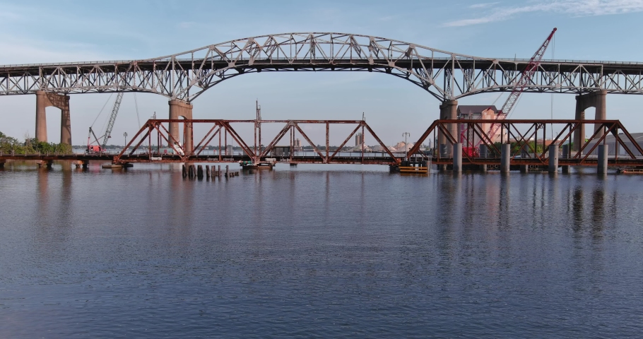Crane shot of the Calcasieu River Bridge in Lake Charles, Louisiana Royalty-Free Stock Footage #1091657601