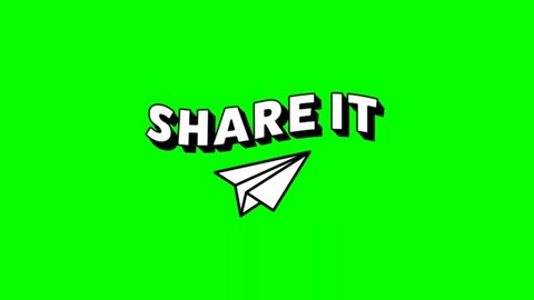 share it animation text in white and back color, origami plane animation icon shape in white color on green background.