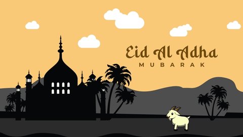 Eid Al-Adha Mubarak greetings with walking goats