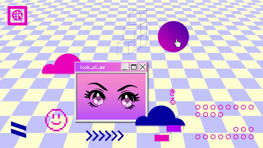 Retro Vaporwave Poster With User Interface Elements and Cartoon Anime Illustrations. Trendy Old Aesthetic Background. 2D Animation. | Shutterstock HD Video #1091661405