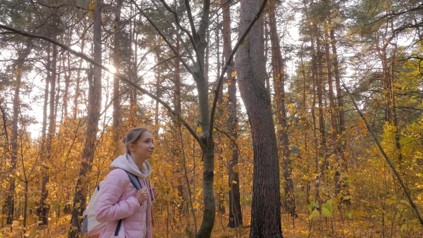 Side view: young woman with backpack walking in autumn park, forest - wide angle steadicam shot. Sun shines through trees with sun lens flares. Active outdoor lifestyle, leisure time, freedom concept | Shutterstock HD Video #1091662377