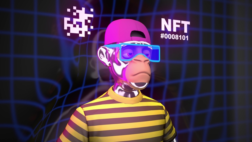 Presentation of NFT Ape avatar. NFT 3d bored ape in plastic box neon background. Digital art. Loop. In-game character for metaverse. Non-fungible Token. Royalty-Free Stock Footage #1091669807