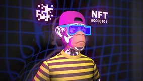 Presentation of NFT Ape avatar. NFT 3d bored ape in plastic box neon background. Digital art. Loop. In-game character for metaverse. Non-fungible Token.