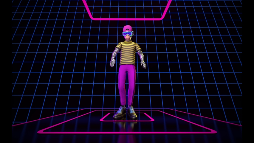 Presentation of NFT Ape avatar. NFT 3d bored ape dancing on the neon background. Digital art. Loop. In-game character for metaverse. Non-fungible Token. Royalty-Free Stock Footage #1091669809