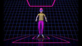 Presentation of NFT Ape avatar. NFT 3d bored ape dancing on the neon background. Digital art. Loop. In-game character for metaverse. Non-fungible Token.