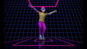 Presentation of NFT Ape avatar. NFT 3d bored ape dancing on the neon background. Digital art. Loop. In-game character for metaverse. Non-fungible Token.