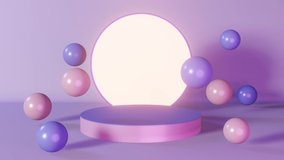 Purple neon cylinder podium glowing stage with flying spheres 3d animation 4K Round pedestal design geometric composition. Abstact minimal scene Cosmetic product shiny showcase presentation background