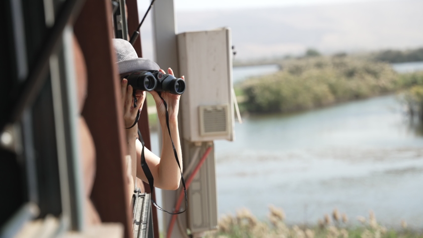 Female birdwatcher observe birds with binoculars from observation post window. Young woman peeks outside trying to find birds in natural habitat or vista point in park. Enjoys searching and spotting | Shutterstock HD Video #1091671315