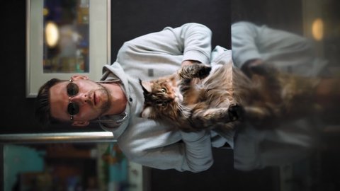 Vertical video for social networks, a guy with a Maine Coon cat makes funny memes depicting musicians, memes