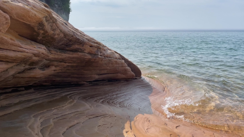 Close Up Rock Formation Along Lake Superior Michigan Coast On Sunny Day Blue Water Pictured Rocks Munising Cliffs Rocky