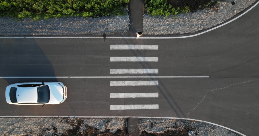 A white car stops in front of a pedestrian crossing, a girl crosses the road. View from the height. Compliance with traffic Rules. The driver gives way to a pedestrian.  Royalty-Free Stock Footage #1091687321