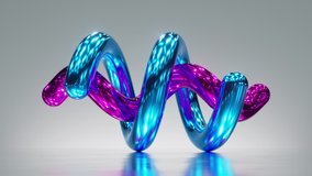 cycled 3d animation, abstract spiral shapes rotating, shiny pink blue metallic objects, looping background