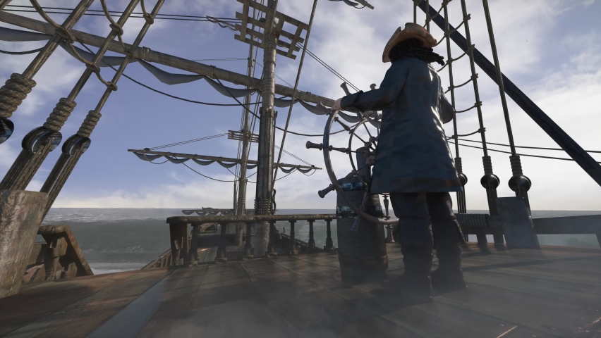 the pirate captain the discoverer holds the ship's steering wheel and sails across the sea on a sailing pirate ship 3d render  Royalty-Free Stock Footage #1091693415