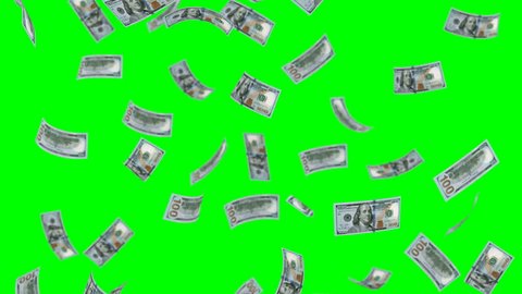 Falling 100 Dollars. Green background, loop, created in 4K, 3d animation