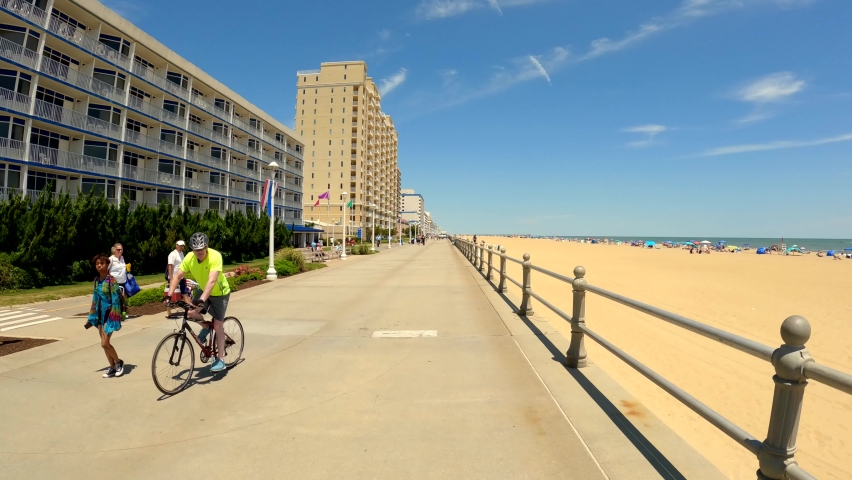 Virginia Beach, VA, USA - June 22, 2022: Motion video Virginia Beach Boardwalk summer vacation