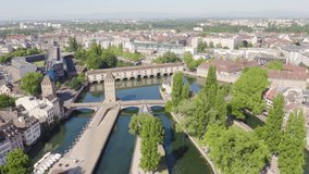Inscription on video. Strasbourg, France. Quarter Petite France, Vauban Dam. Name is burning, Aerial View