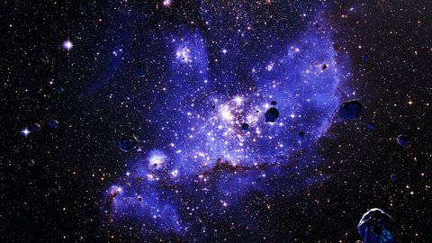 Galaxy space flight exploration space rock scence at The Small Magellanic Cloud Galaxy 4K looping animation of flying through glowing nebulae, clouds and stars field. 