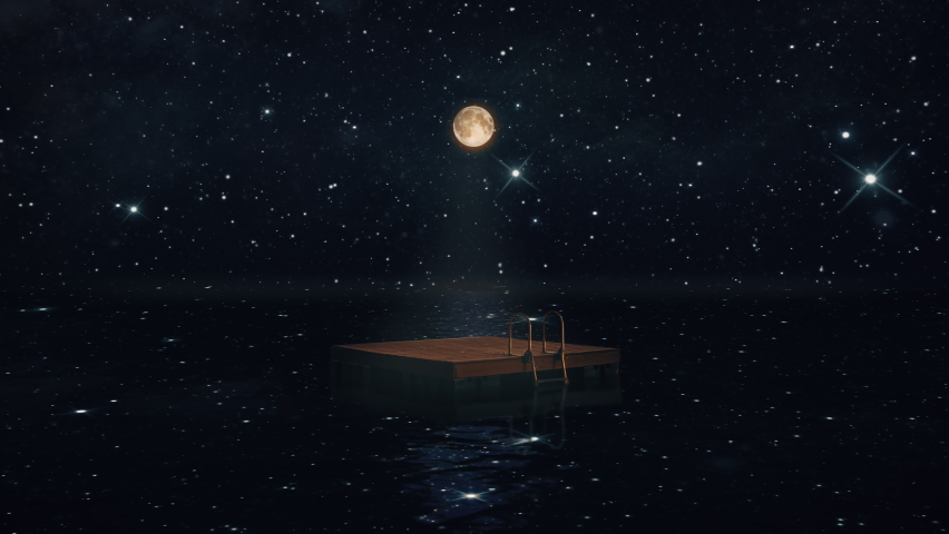 Space Floating Dock Ocean Stars Moonlight Motion Background. Animation of a floating pier in the middle of the ocean reflecting stars in space. Motion background | Shutterstock HD Video #1091707953
