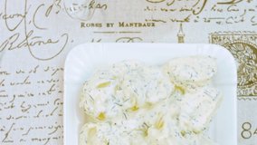 Such a tender potato salad with mastard, mayonnaise, red onion and dill. Wath the recipe in video