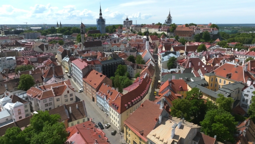 Beautiful aerial view of Tallinn old town. Medieval city in Northen Europe. The capital of Estonia.  Beautiful Tallinn on a summer day. | Shutterstock HD Video #1091720607