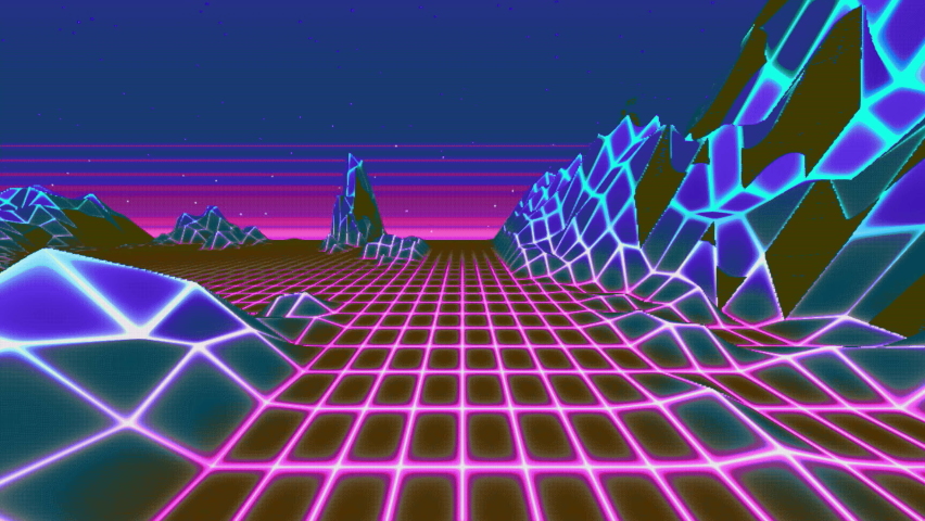 lowfi colored 90s retro background loop animation. Retrowave horizon landscape with neon lights and low poly shaded terrain Royalty-Free Stock Footage #1091721671