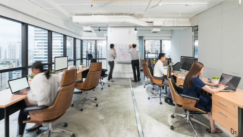 Time-lapse of young adult Asian businesspeople work together in business office. People working life, company workplace, teamwork activity, financial or marketing team meeting conference concept - Powered by Shutterstock - Get 15% off with code: PIKWIZARD15