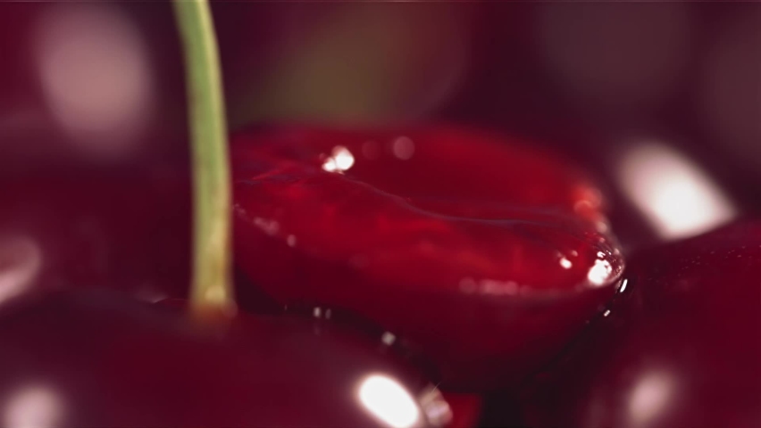 Juice Drop Falling on Fresh Cherry in dark red background in slow motion Royalty-Free Stock Footage #1091724493