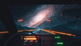 Retro-futuristic 1980s style drive in neon road. Seamless loop of cyberpunk space landscape with a moving car on a highway road. VJ synthwave looping 3D animation for music video - Powered by Shutterstock - Get 15% off with code: PIKWIZARD15