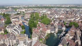 Inscription on video. Strasbourg, France. Quarter Petite France, Vauban Dam. Lightning strikes the letters, Aerial View