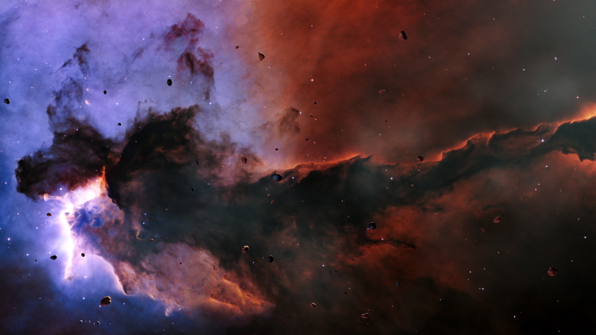 Galaxy space flight exploration space rock scence at Messier16 The Eagle Nebula . 4K looping animation of flying through glowing nebulae, clouds and stars field.