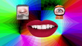 A face made from a collection of changing televisions with an eye on the screen and cutout lips,