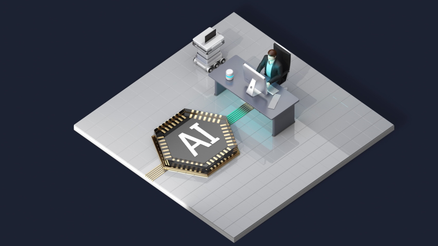 Smart office automation concept. AI voice assistant gives orders and the Secretary robot scans, prints, and delivers the documents. luma matte, 4k animation. | Shutterstock HD Video #1091740051