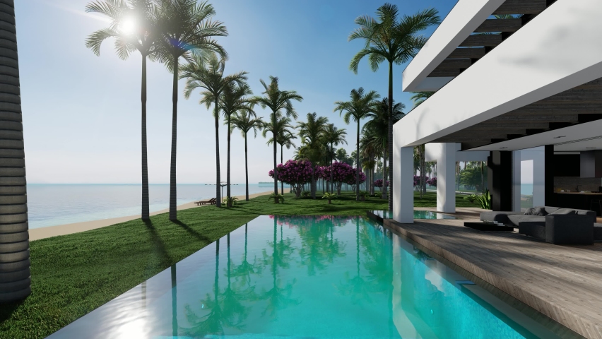 4K video rendering of modern cozy house with pool and parking for sale or rent in luxurious style by the sea or ocean. Sunny day by the coast with palm and flowers in tropical island Fly-walk | Shutterstock HD Video #1091740435