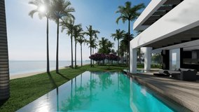 4K video rendering of modern cozy house with pool and parking for sale or rent in luxurious style by the sea or ocean. Sunny day by the coast with palm and flowers in tropical island Fly-walk