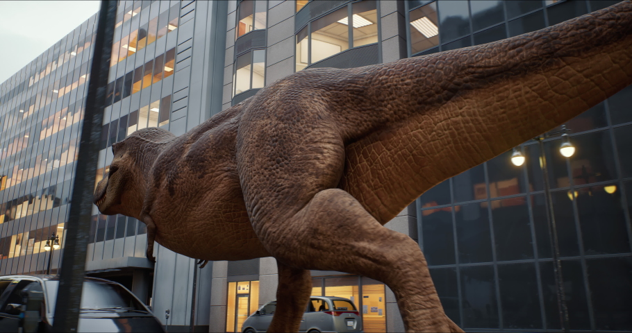 Tyrannosaurus rex walks down a New York street. Dinosaur on the hunt. High skyscrapers downtown in the big city. USA, North America. 3D rendering Royalty-Free Stock Footage #1091741161