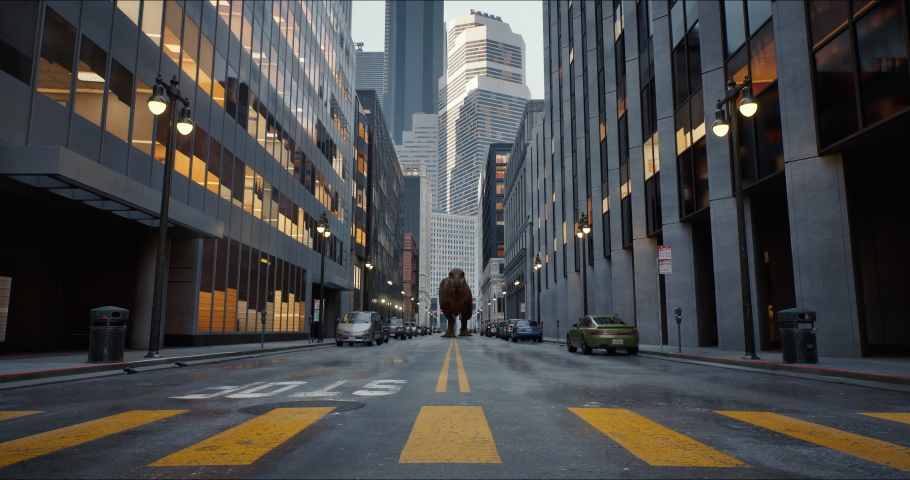 Tyrannosaurus rex walks down a New York street. Dinosaur on the hunt. High skyscrapers downtown in the big city. USA, North America. 3D rendering Royalty-Free Stock Footage #1091741163