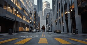 Tyrannosaurus rex walks down a New York street. Dinosaur on the hunt. High skyscrapers downtown in the big city. USA, North America. 3D rendering