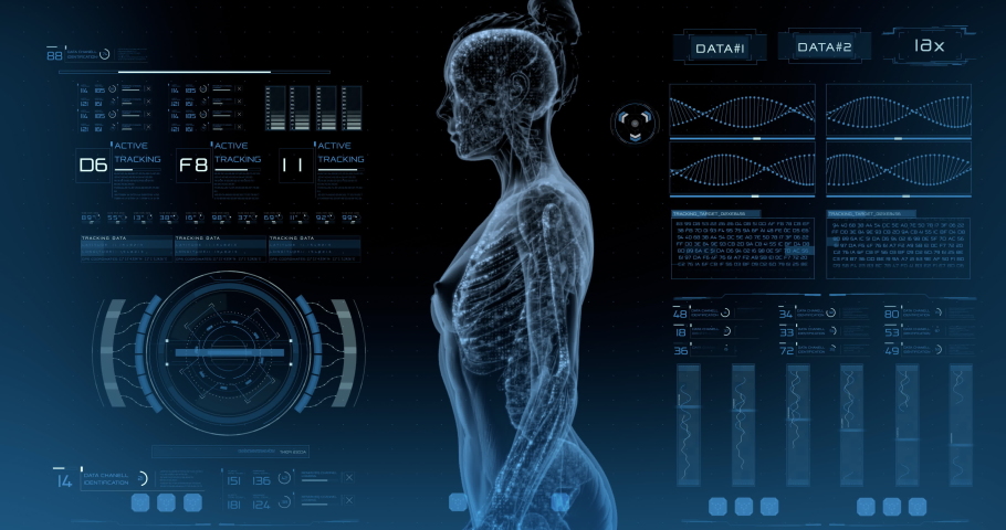 The hud interface of the futuristic medical program is a digital control panel with digital visualization of magnetic resonance imaging (MRI) capable of examining all parts of the spine and joints wit | Shutterstock HD Video #1091741311