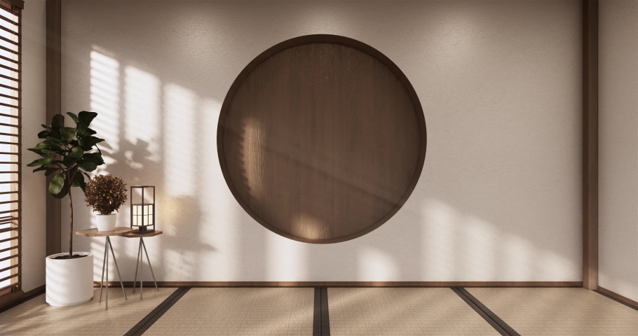 Circle shelf wall design, white empty  room japanese deisgn, tatami mat floor. 3D rendering
