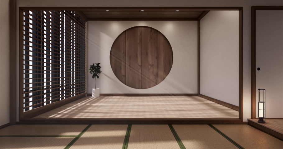 Circle shelf wall design, white empty  room japanese deisgn, tatami mat floor. 3D rendering