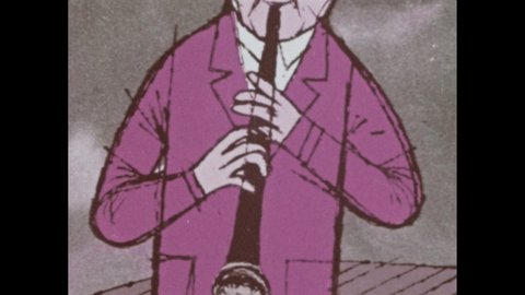 1960s: cartoon man plays clarinet, piano, vibes and clarinet trio, man plays trumpet, well-dressed black man and woman, black people of various professions in crowd, black graduate in cap and gown