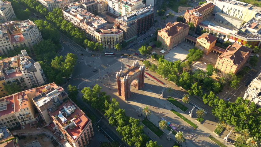Aerial view of Barcelona Urban Skyline and The Arc de Triomf or Arco de Triunfo in spanish, a triumphal arch in the city of Barcelona, Catalonia, Spain Royalty-Free Stock Footage #1091755935