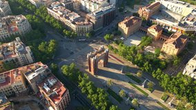 Aerial view of Barcelona Urban Skyline and The Arc de Triomf or Arco de Triunfo in spanish, a triumphal arch in the city of Barcelona, Catalonia, Spain