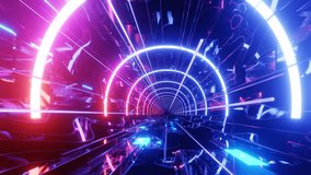 80's neon light style flight. Hi-tech neon sci-fi tunel. Trendy neon glow lines form pattern and construction in mirror tunnel. Fly through technology cyberspace. 3d looped seamless 4k bright bg.