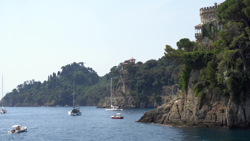 Europe, Italy , Liguria , Santa Margherita - Amazing beach and seacoast landscape in Paraggi, small marine bay with blue-green sea  near Cinque Terre and Portofino | Shutterstock HD Video #1091767629