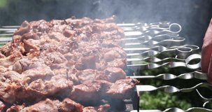 Marinated shashlik cooking on a charcoal grill video slow motion 4k